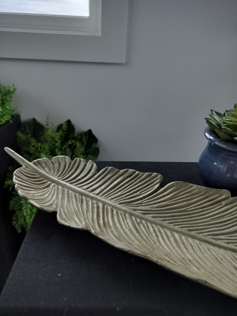 Metal Golden Tone Large "Feather Tray"; Large; Heavy